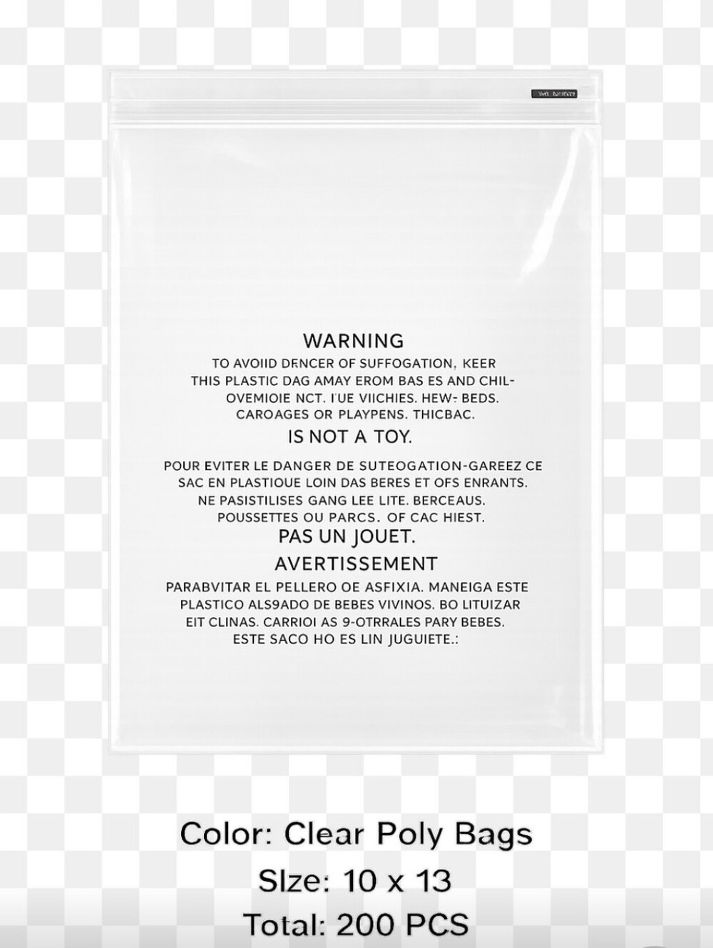200 Pcs Clear Poly Bags. With Adhesive Seal And Suffocation Warning- 10" x 13"